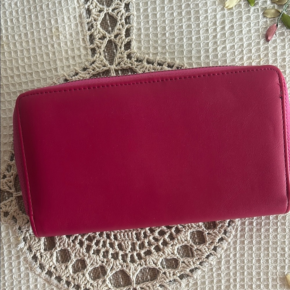 Vibrant Pink Wallet with Silver Zipper and Black Lining